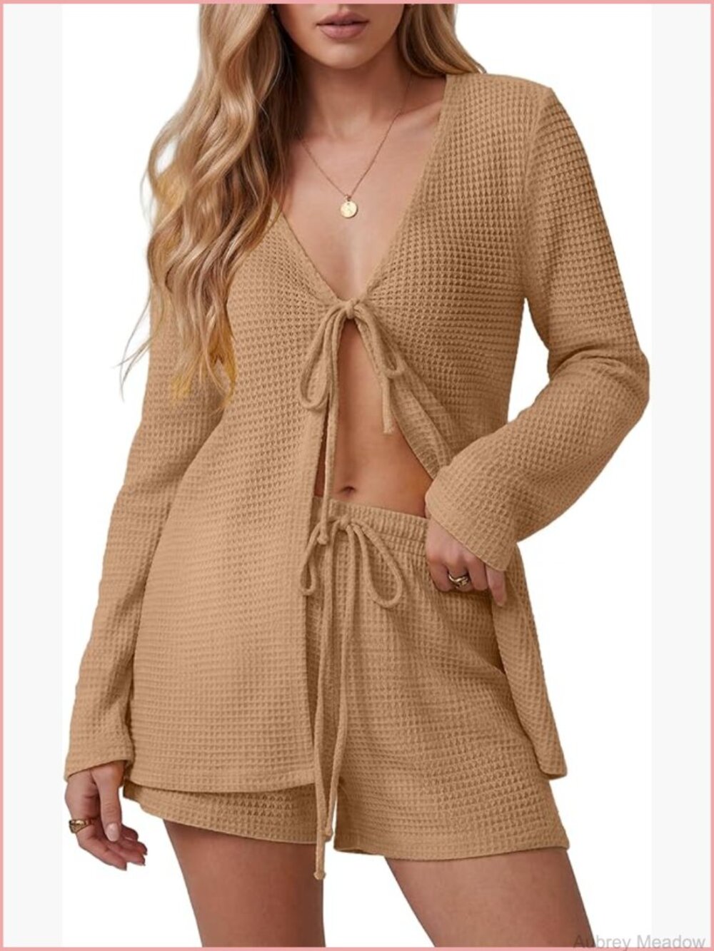 2 Piece Waffle Knit Beach Cover Up Cardigan and Shorts with Pockets